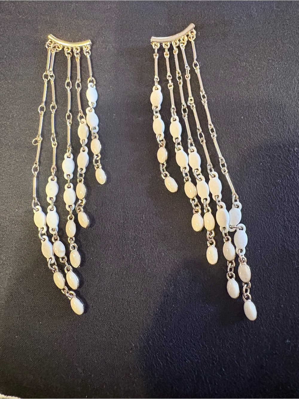 Gold-Tone White Enamel Multi Strand Dangle Earrings - Elegant Fringe.